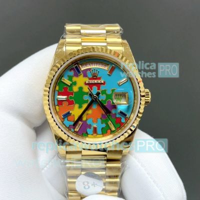 8+ Factory Luxury Copy Rolex Day-Date 36mm Gain Weight Yellow Gold Puzzle Dial Watch 